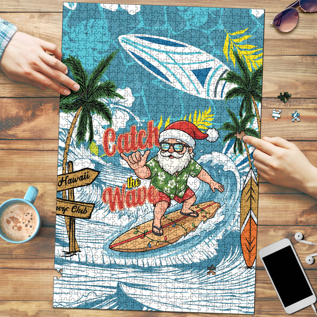 Hawaii Summer Christmas Puzzle Surfing Santa Shaka Catch The Wave LT14 Teal - Polynesian Pride