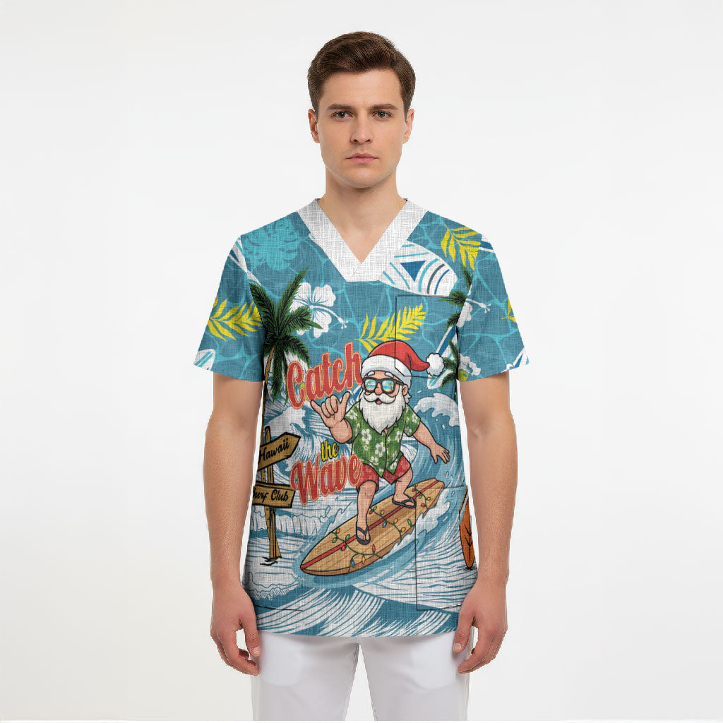 Hawaii Summer Christmas Scrub Top Surfing Santa Shaka Catch The Wave