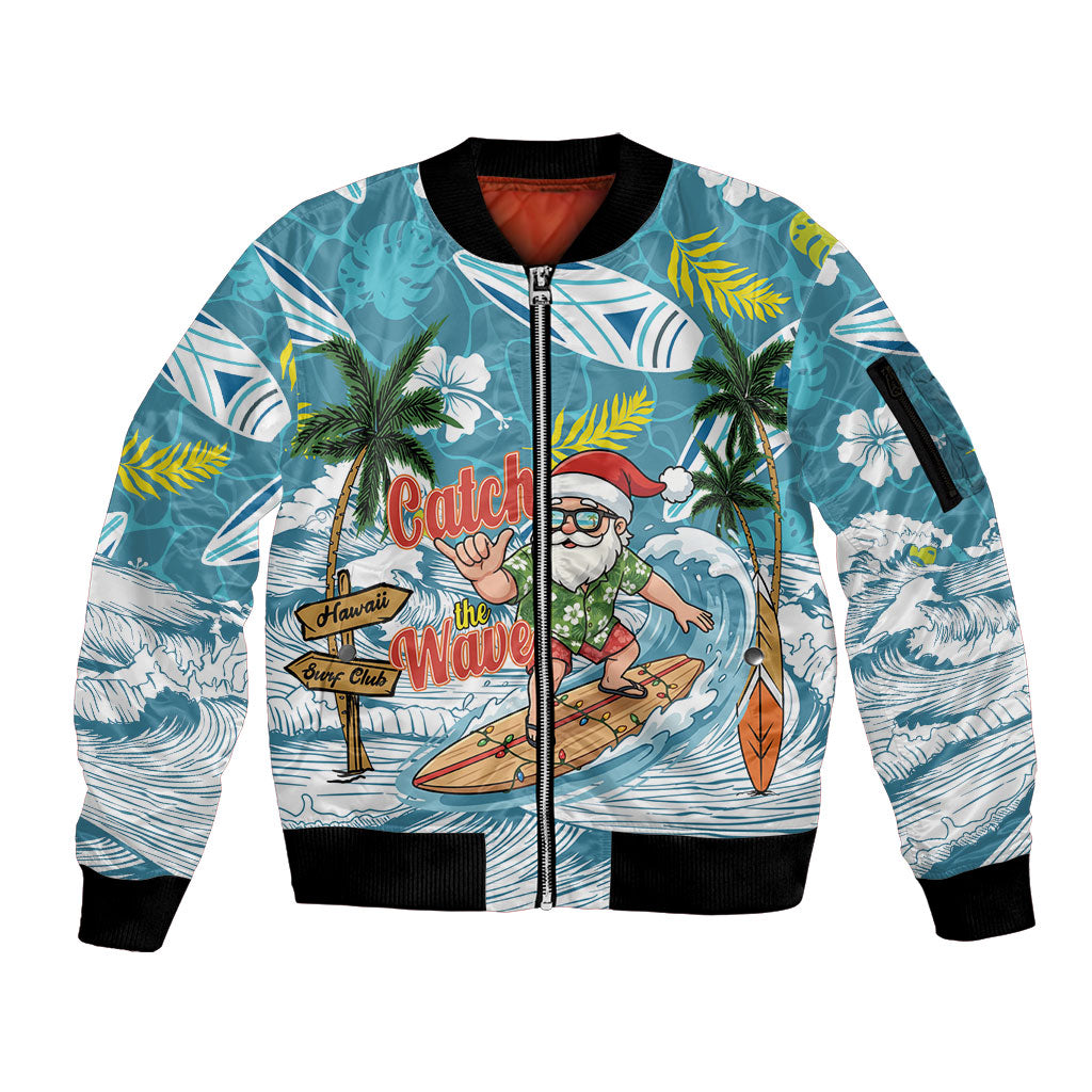 Hawaii Summer Christmas Sleeve Zip Bomber Jacket Surfing Santa Shaka Catch The Wave