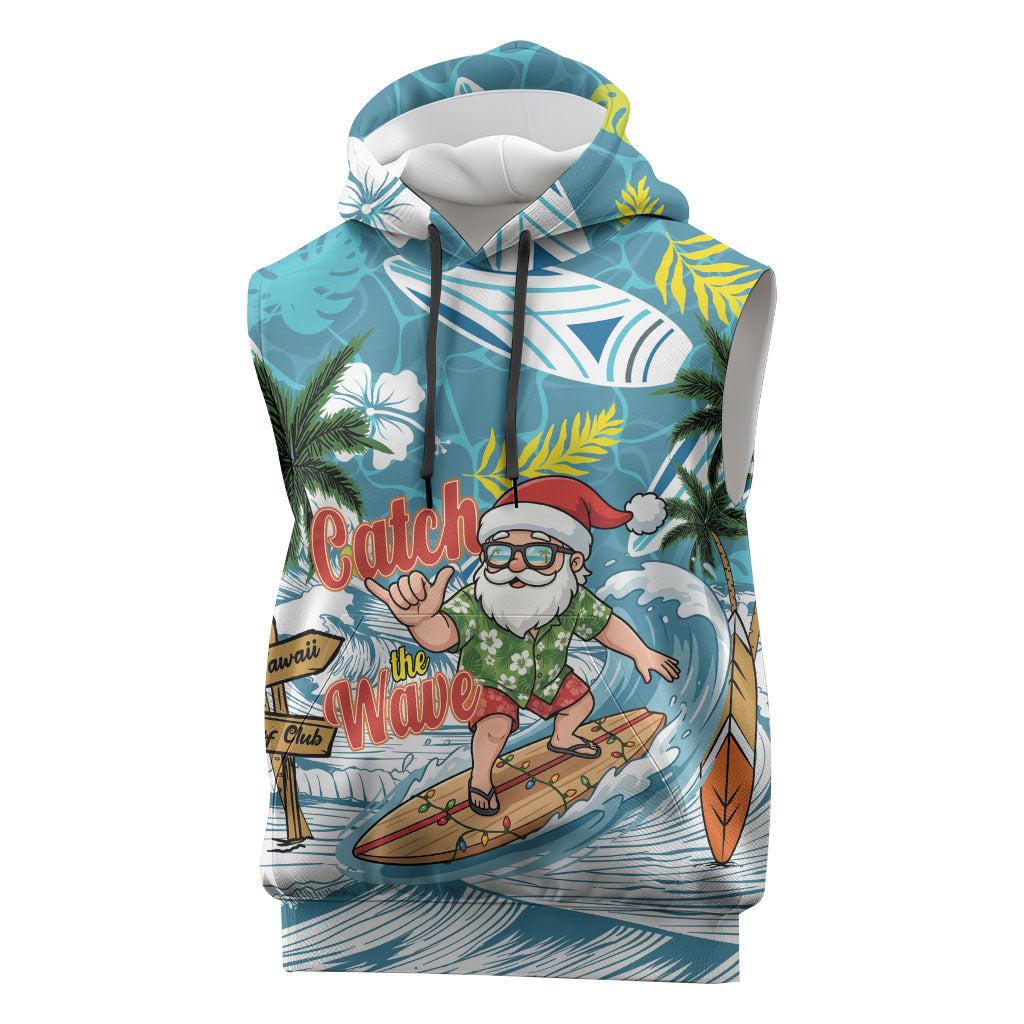 Hawaii Summer Christmas Sleeveless Hoodie Surfing Santa Shaka Catch The Wave LT14 Teal - Polynesian Pride