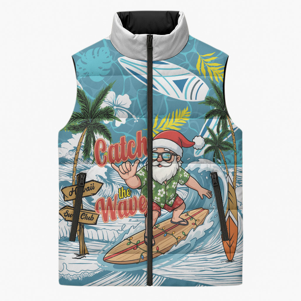 Hawaii Summer Christmas Sleeveless Puffer Jacket Surfing Santa Shaka Catch The Wave LT14 Unisex Teal - Polynesian Pride