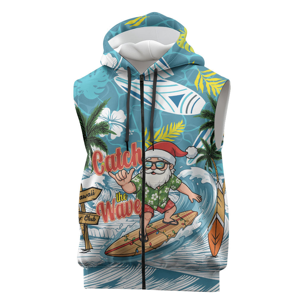 Hawaii Summer Christmas Sleeveless Zip Hoodie Surfing Santa Shaka Catch The Wave LT14 Teal - Polynesian Pride