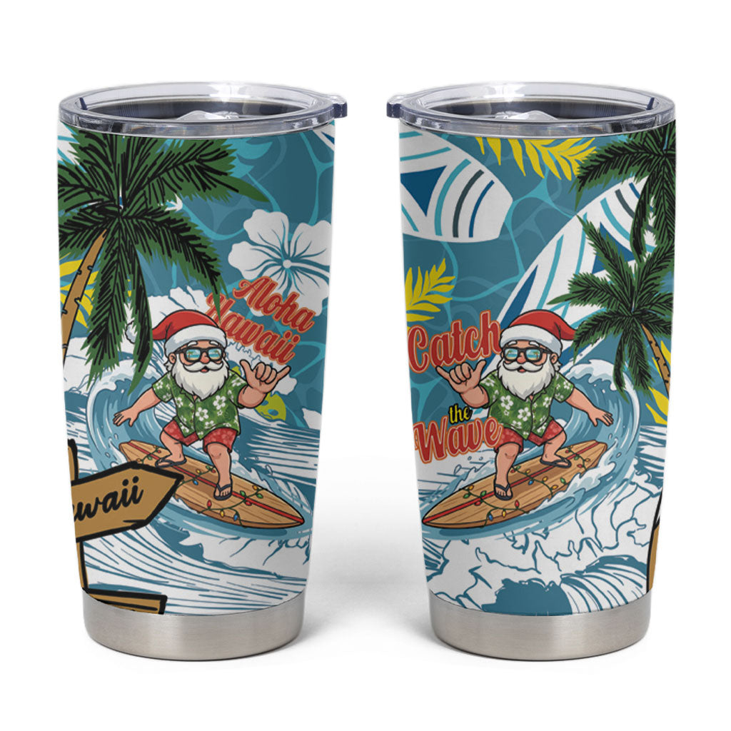 Hawaii Summer Christmas Tumbler Cup Surfing Santa Shaka Catch The Wave