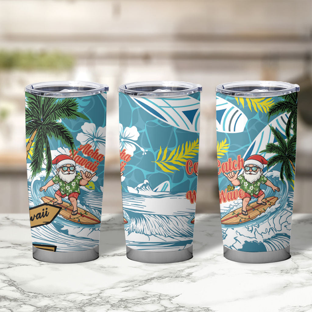 Hawaii Summer Christmas Tumbler Cup Surfing Santa Shaka Catch The Wave