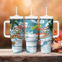 Hawaii Summer Christmas Tumbler With Handle Surfing Santa Shaka Catch The Wave