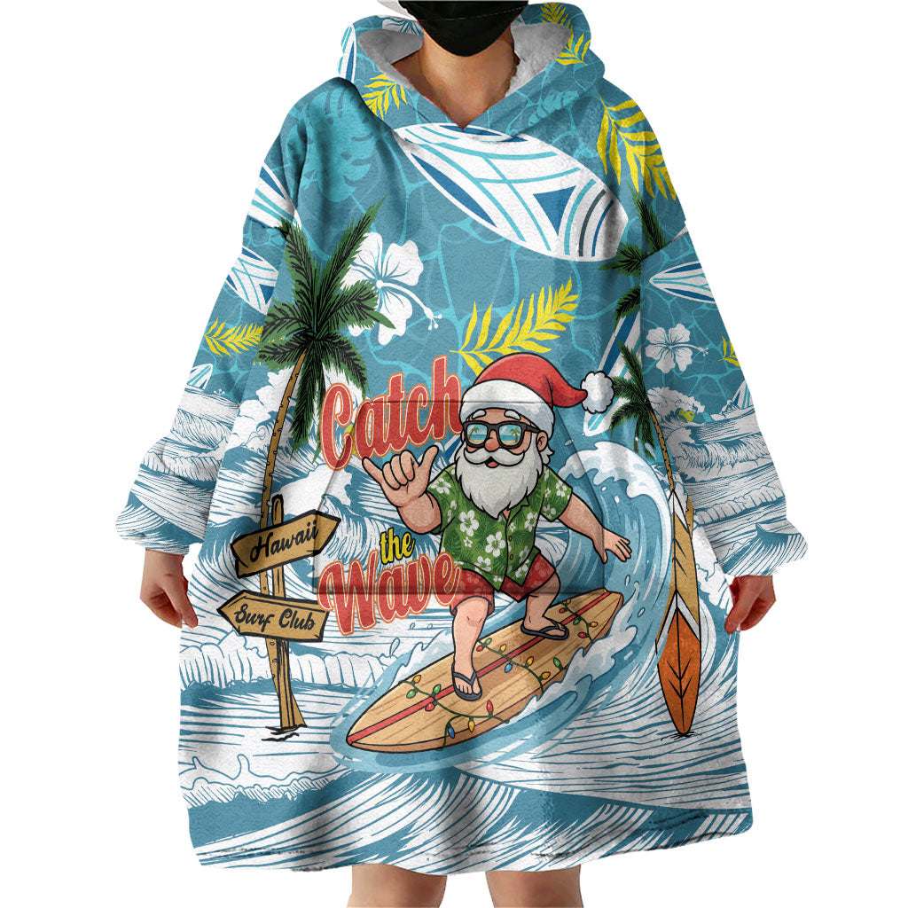 Hawaii Summer Christmas Wearable Blanket Hoodie Surfing Santa Shaka Catch The Wave