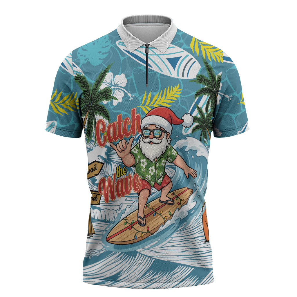 Hawaii Summer Christmas Zipper Polo Shirt Surfing Santa Shaka Catch The Wave LT14 Teal - Polynesian Pride