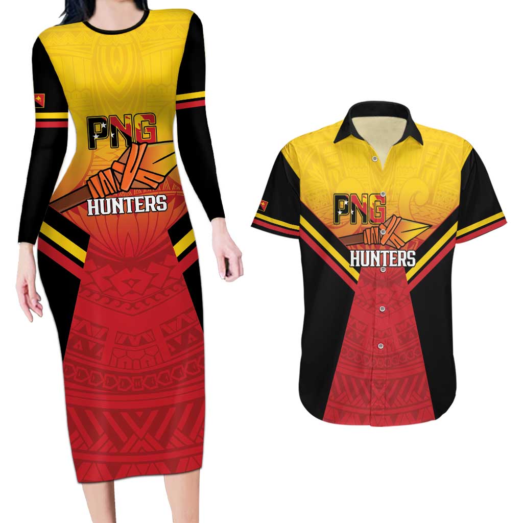 Papua New Guinea Rugby Custom Couples Matching Long Sleeve Bodycon Dress and Hawaiian Shirt Go PNG Hunters Polynesian Pattern - Polynesian Pride