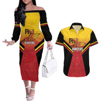 Papua New Guinea Rugby Custom Couples Matching Off The Shoulder Long Sleeve Dress and Hawaiian Shirt Go PNG Hunters Polynesian Pattern LT14 Red - Polynesian Pride