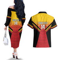 Papua New Guinea Rugby Custom Couples Matching Off The Shoulder Long Sleeve Dress and Hawaiian Shirt Go PNG Hunters Polynesian Pattern LT14 - Polynesian Pride