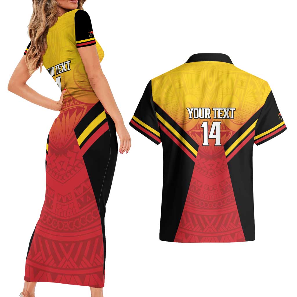Papua New Guinea Rugby Custom Couples Matching Short Sleeve Bodycon Dress and Hawaiian Shirt Go PNG Hunters Polynesian Pattern LT14 - Polynesian Pride