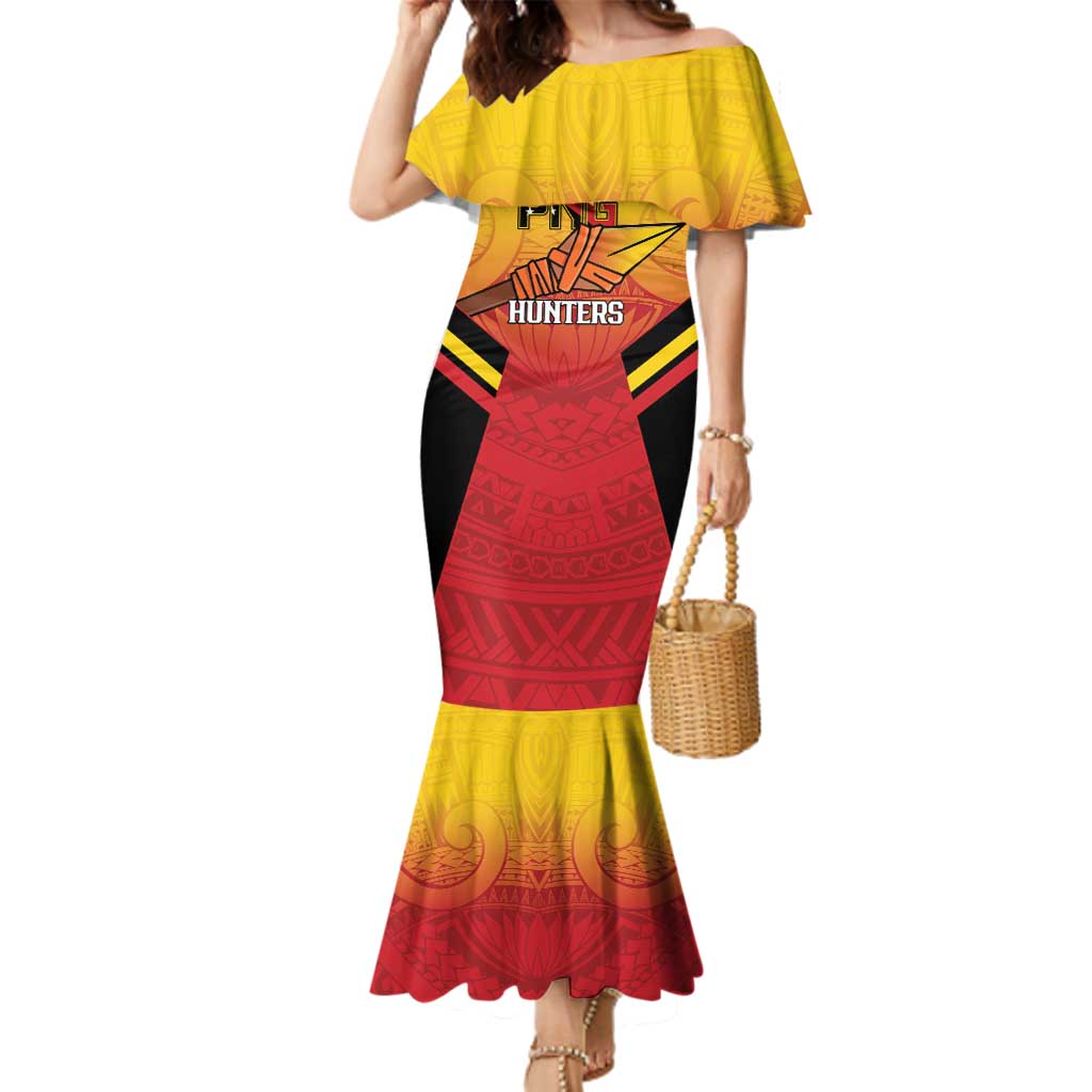 Papua New Guinea Rugby Custom Family Matching Mermaid Dress and Hawaiian Shirt Go PNG Hunters Polynesian Pattern LT14 Mom's Dress Red - Polynesian Pride