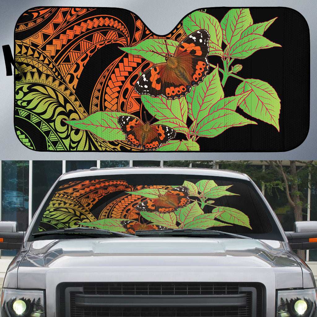 Kamehameha Butterfly Hawaii Auto Sun Shade Hawaiian Pulelehua Mamaki Orange Green Color LT14 Multicolor - Polynesian Pride