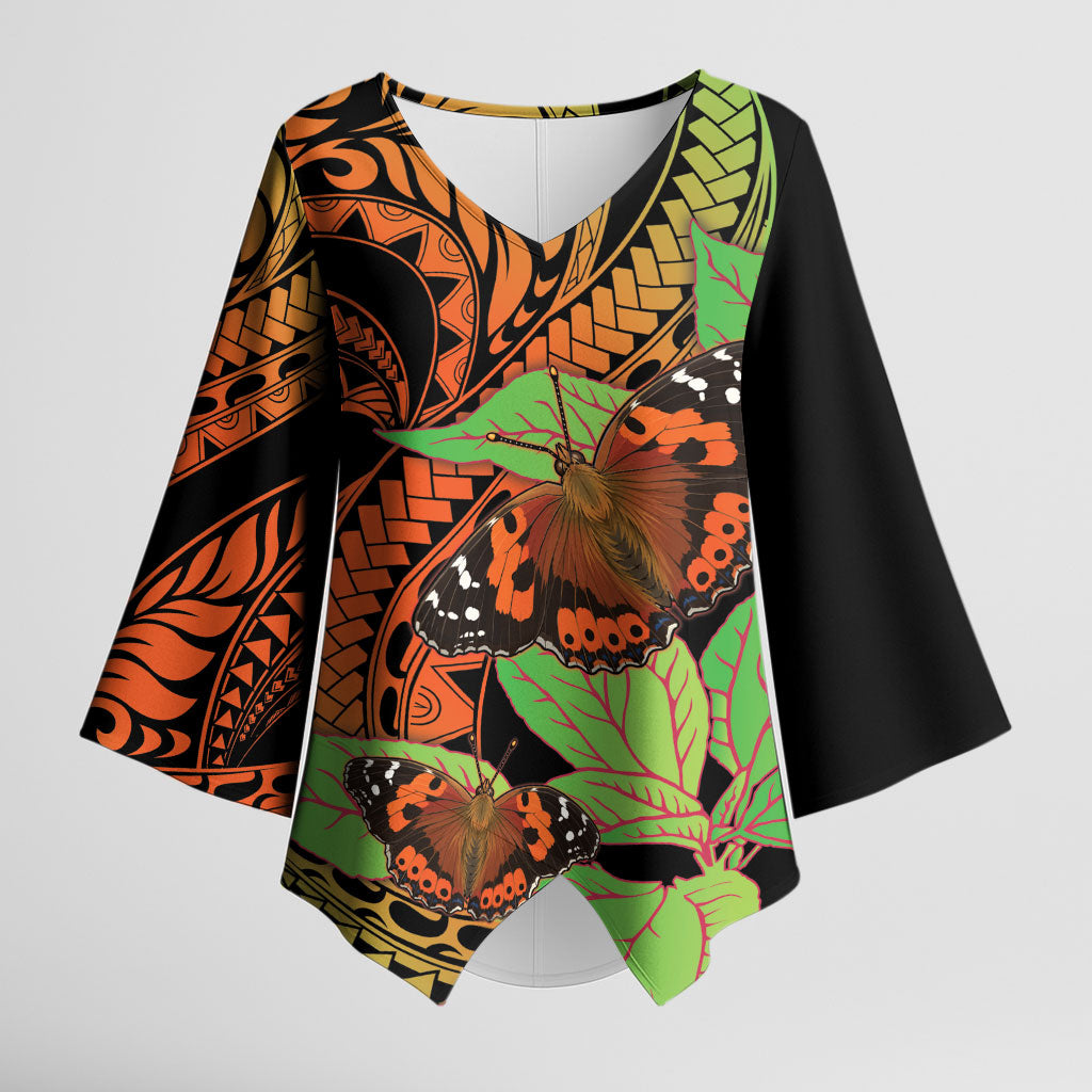 Kamehameha Butterfly Hawaii Kimono Sleeve Blouse Hawaiian Pulelehua Mamaki Orange Green Color