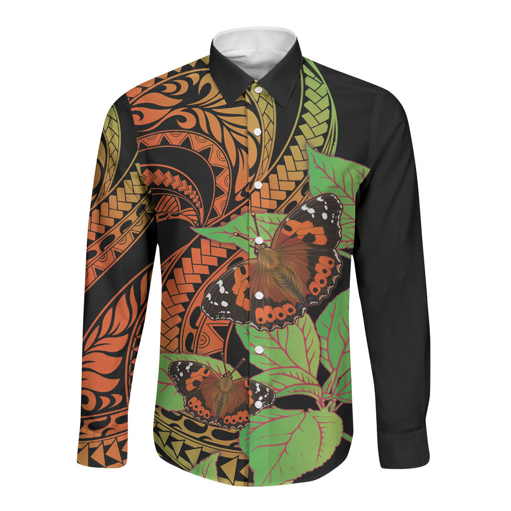Kamehameha Butterfly Hawaii Long Sleeve Button Shirt Hawaiian Pulelehua Mamaki Orange Green Color LT14 Unisex Multicolor - Polynesian Pride