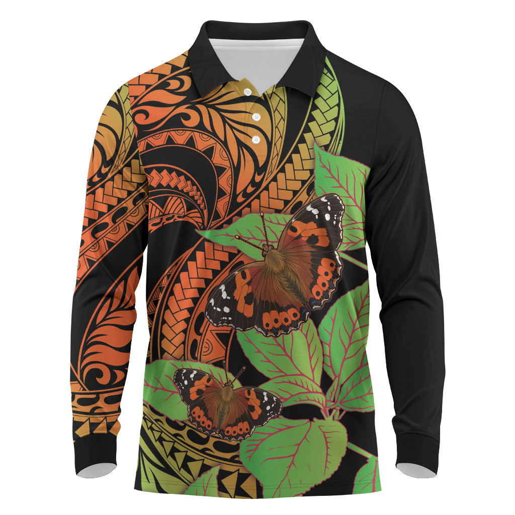 Kamehameha Butterfly Hawaii Long Sleeve Polo Shirt Hawaiian Pulelehua Mamaki Orange Green Color LT14 Multicolor - Polynesian Pride
