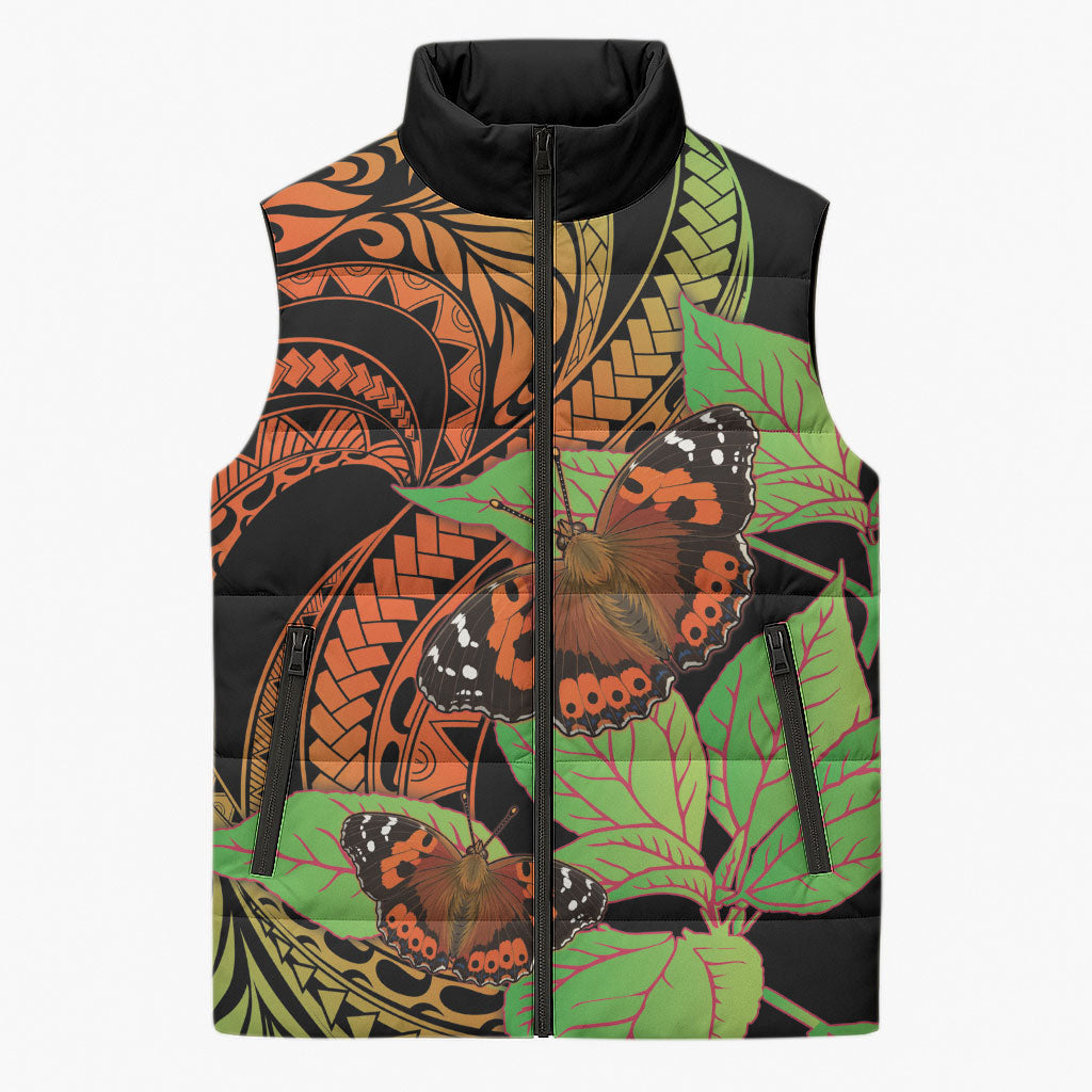 Kamehameha Butterfly Hawaii Sleeveless Puffer Jacket Hawaiian Pulelehua Mamaki Orange Green Color