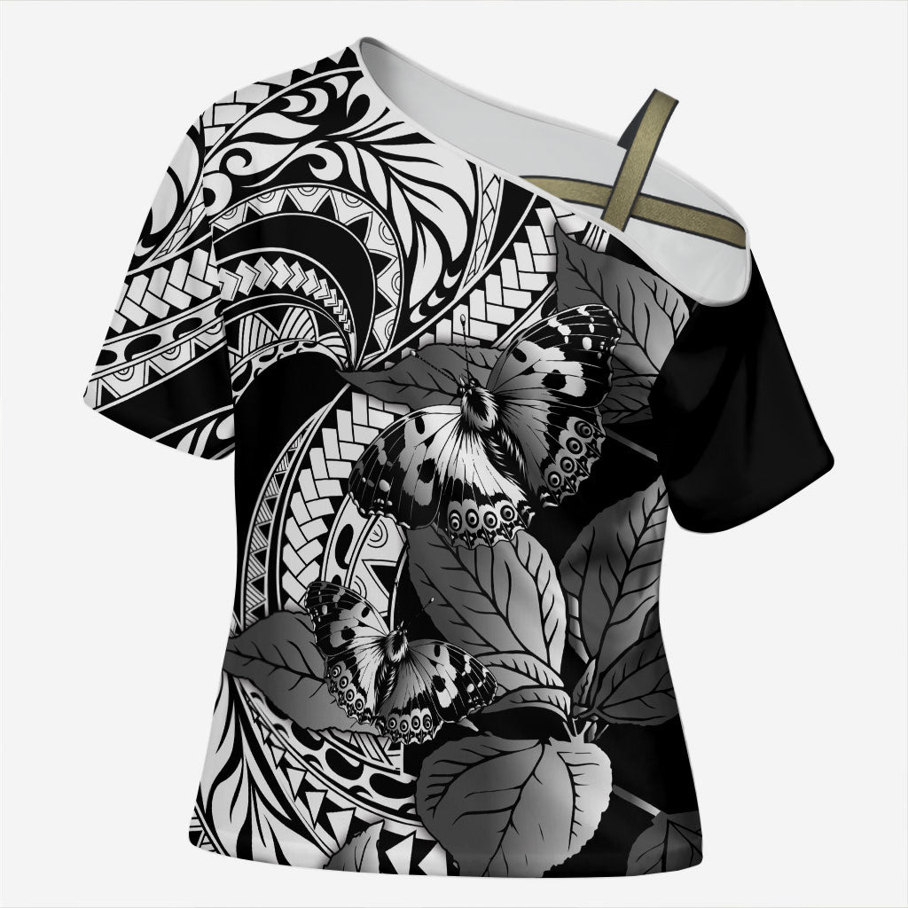 Kamehameha Butterfly Hawaii Cross Shoulder Shirt Hawaiian Pulelehua Mamaki Black Color LT14 Female Black - Polynesian Pride