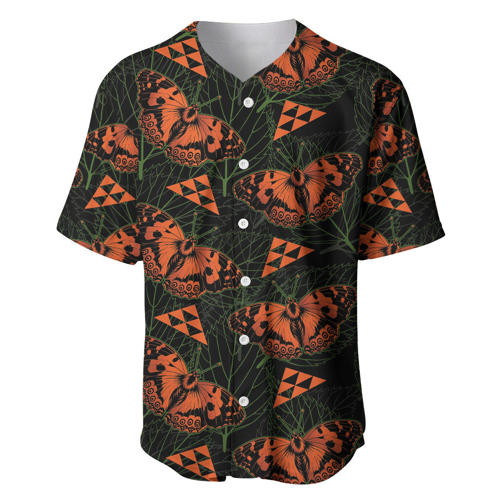 Kamehameha Butterfly Mamaki Hawaii Baseball Jersey Pulelehua Hawaiian Kakau Seamless Style LT14 Black - Polynesian Pride