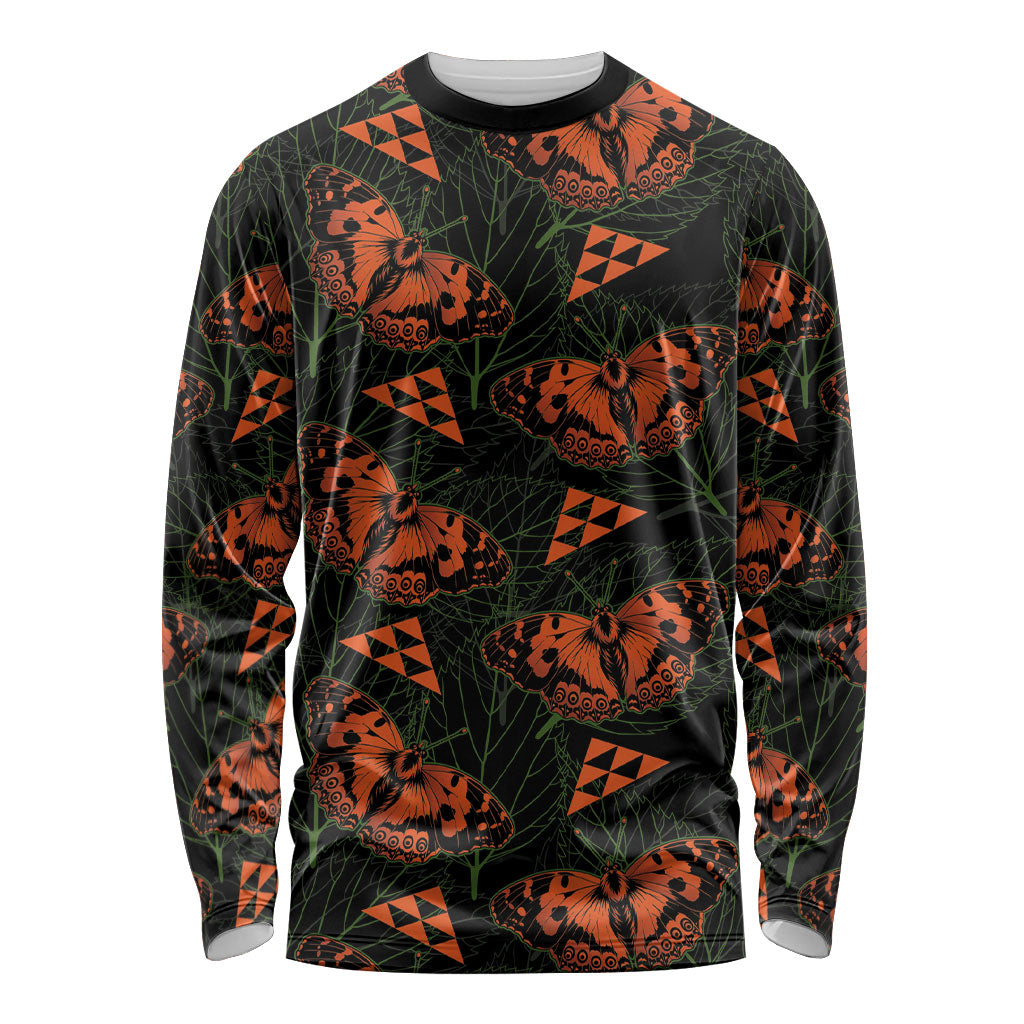Kamehameha Butterfly Mamaki Hawaii Long Sleeve Shirt Pulelehua Hawaiian Kakau Seamless Style LT14 Unisex Black - Polynesian Pride