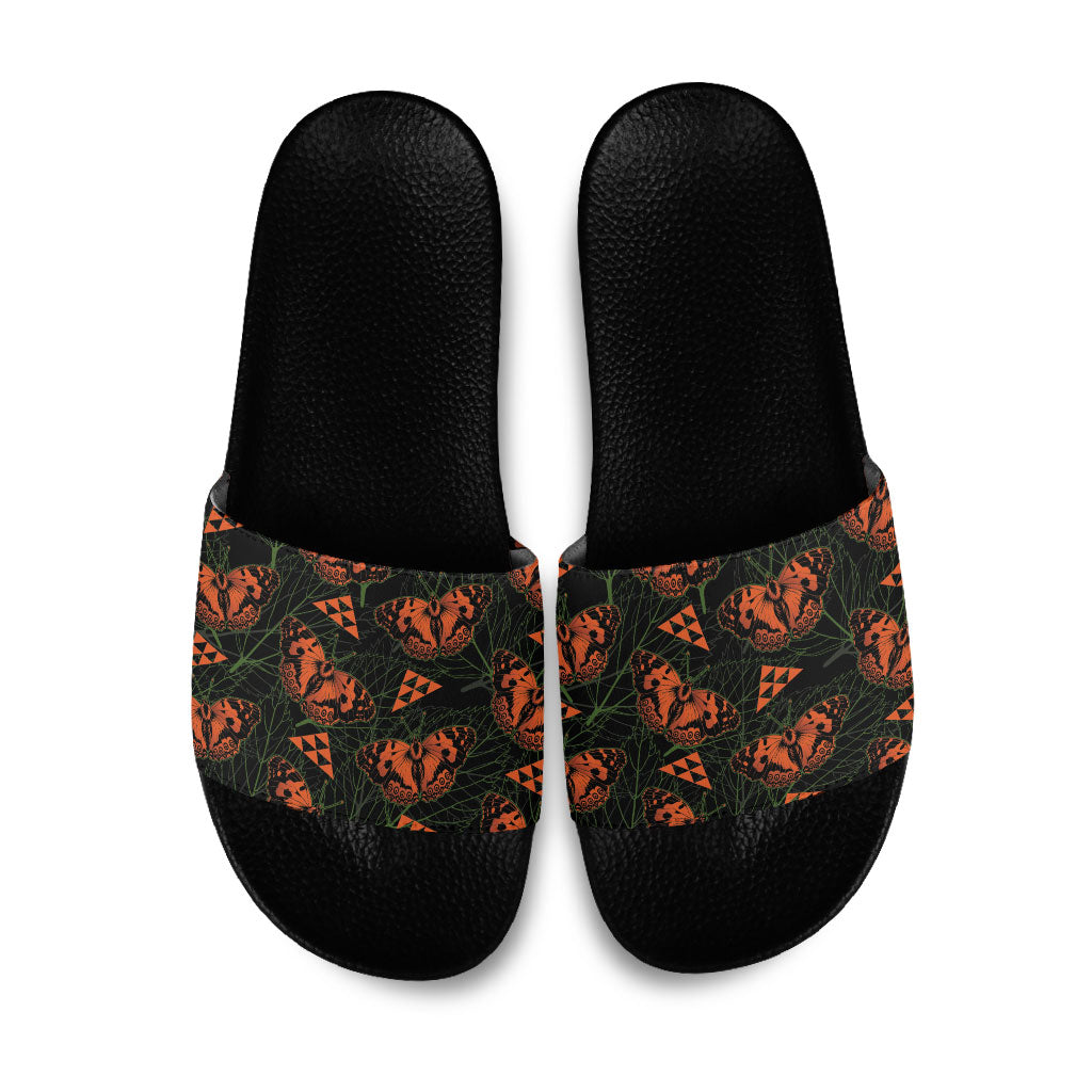 Kamehameha Butterfly Mamaki Hawaii Slide Sandals Pulelehua Hawaiian Kakau Seamless Style LT14 Black - Polynesian Pride