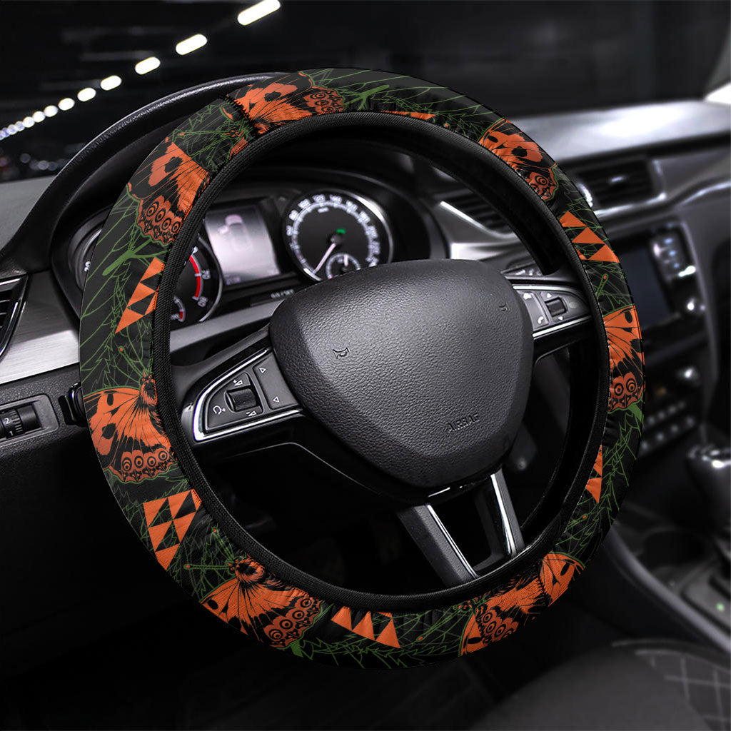 Kamehameha Butterfly Mamaki Hawaii Steering Wheel Cover Pulelehua Hawaiian Kakau Seamless Style LT14 Universal Fit Black - Polynesian Pride