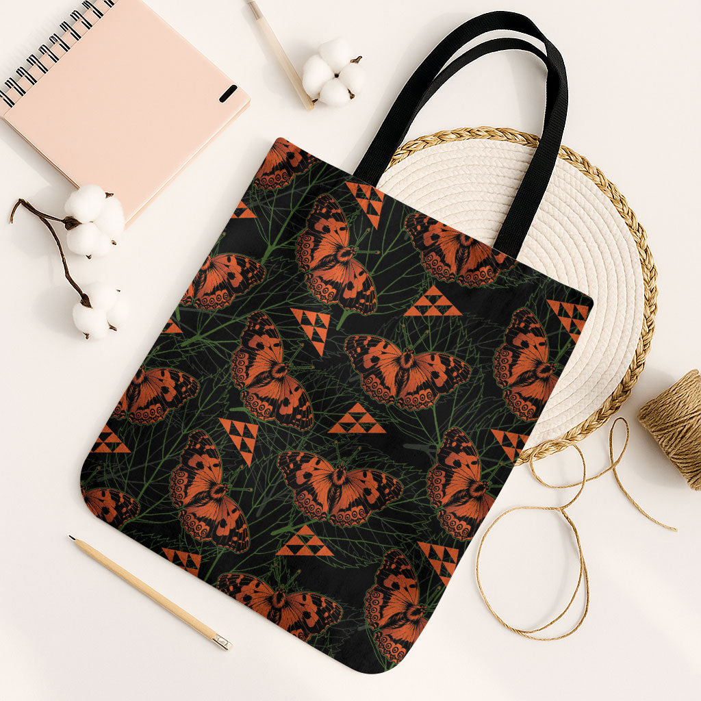 Kamehameha Butterfly Mamaki Hawaii Tote Bag Pulelehua Hawaiian Kakau Seamless Style LT14 Black Strap One Size Black - Polynesian Pride