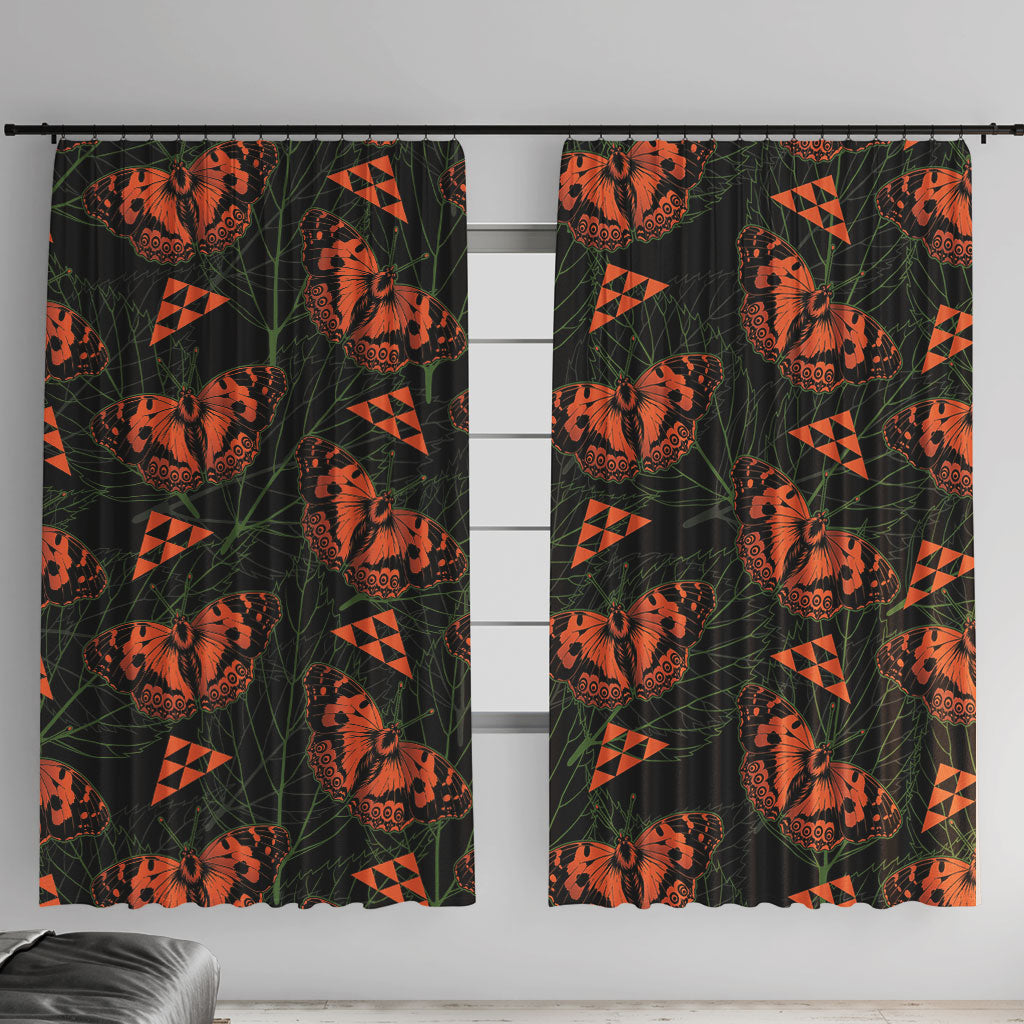 Kamehameha Butterfly Mamaki Hawaii Window Curtain Pulelehua Hawaiian Kakau Seamless Style LT14 With Hooks Black - Polynesian Pride