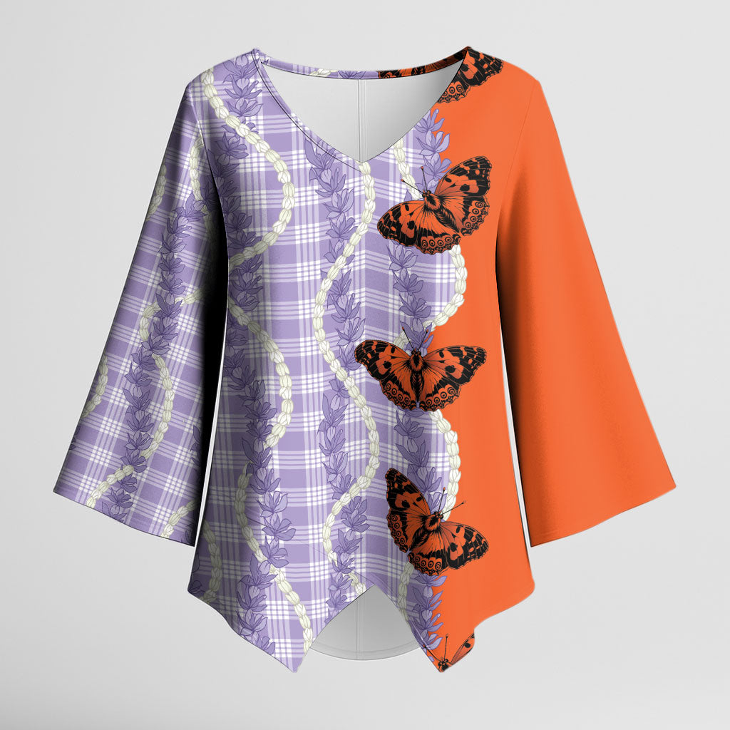 Kamehameha Butterfly Palaka Hawaii Kimono Sleeve Blouse Pulelehua Honohono Pikake Lei LT14 Female Purple - Polynesian Pride