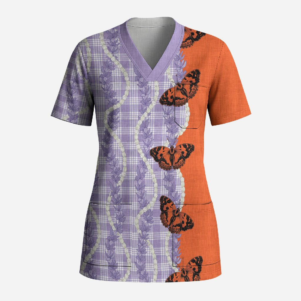 Kamehameha Butterfly Palaka Hawaii Scrub Top Pulelehua Honohono Pikake Lei LT14 Adult Purple - Polynesian Pride