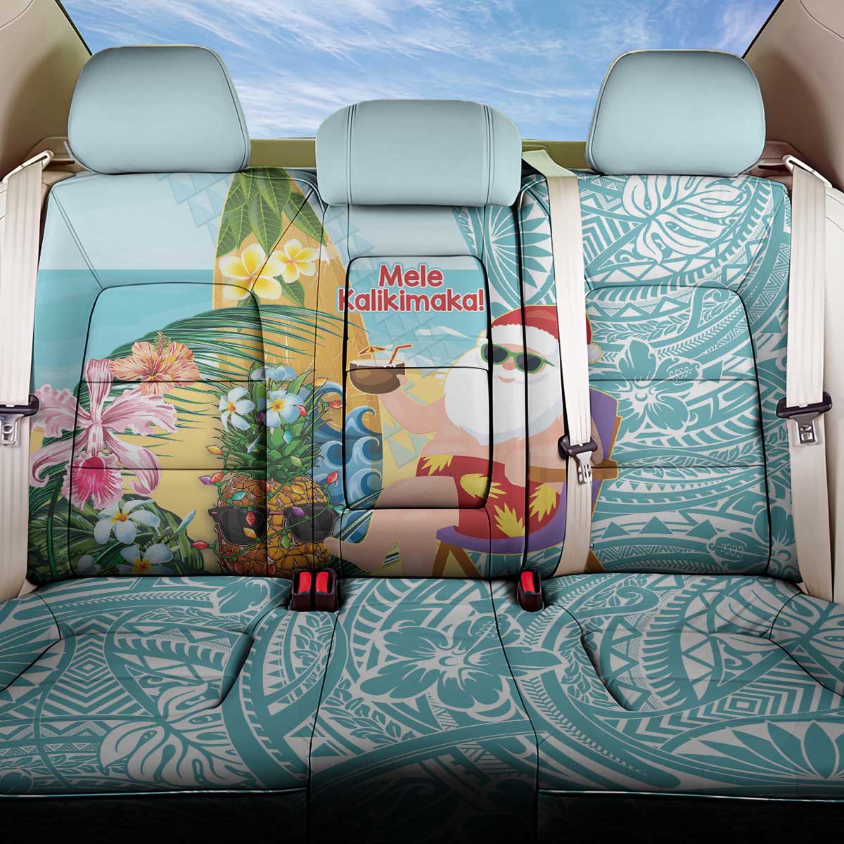 Aloha Hawaii Mele Kalikimaka Back Car Seat Cover Chilling Santa With Pineapple - Polynesian Pattern LT14 One Size Cyan - Polynesian Pride