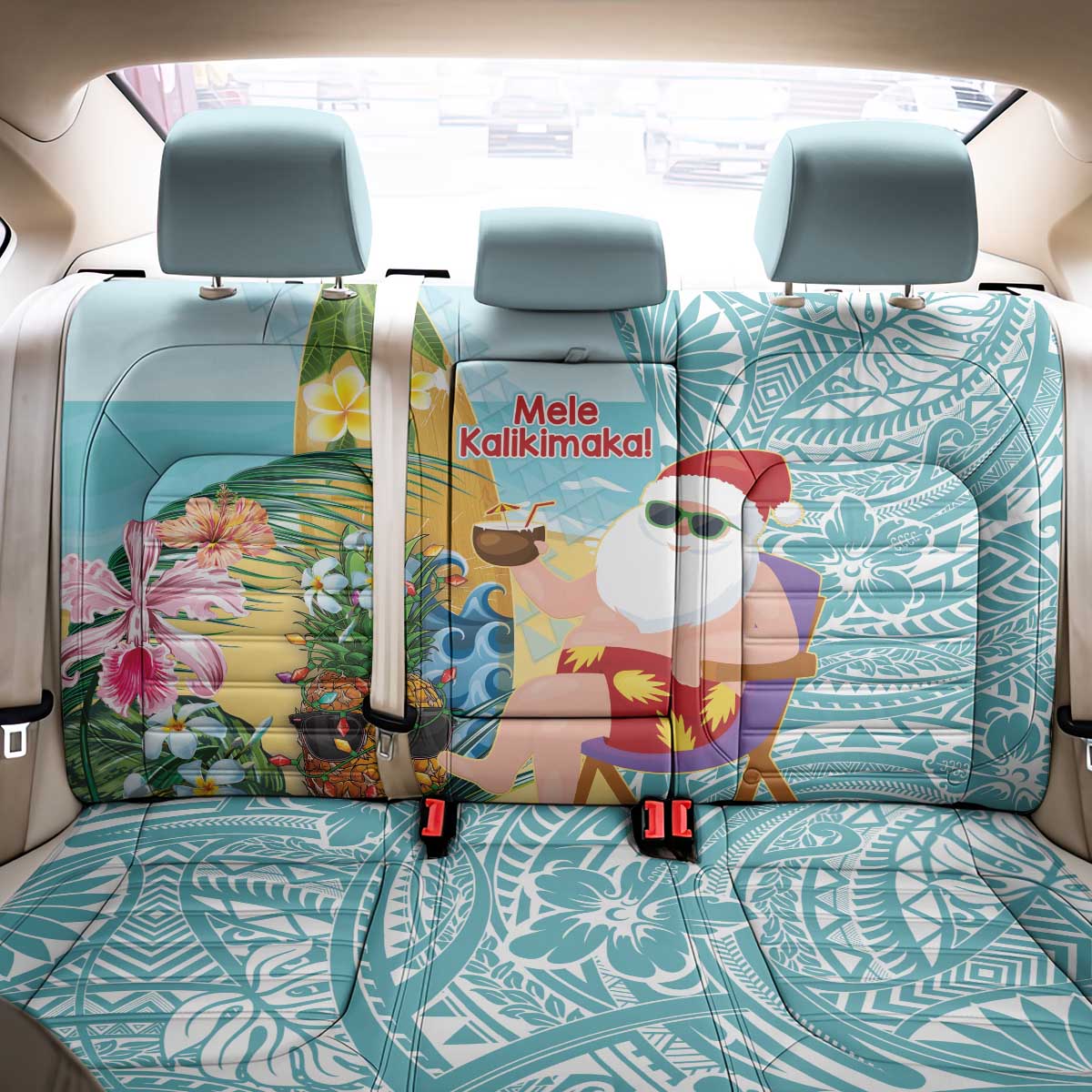Aloha Hawaii Mele Kalikimaka Back Car Seat Cover Chilling Santa With Pineapple - Polynesian Pattern LT14 - Polynesian Pride