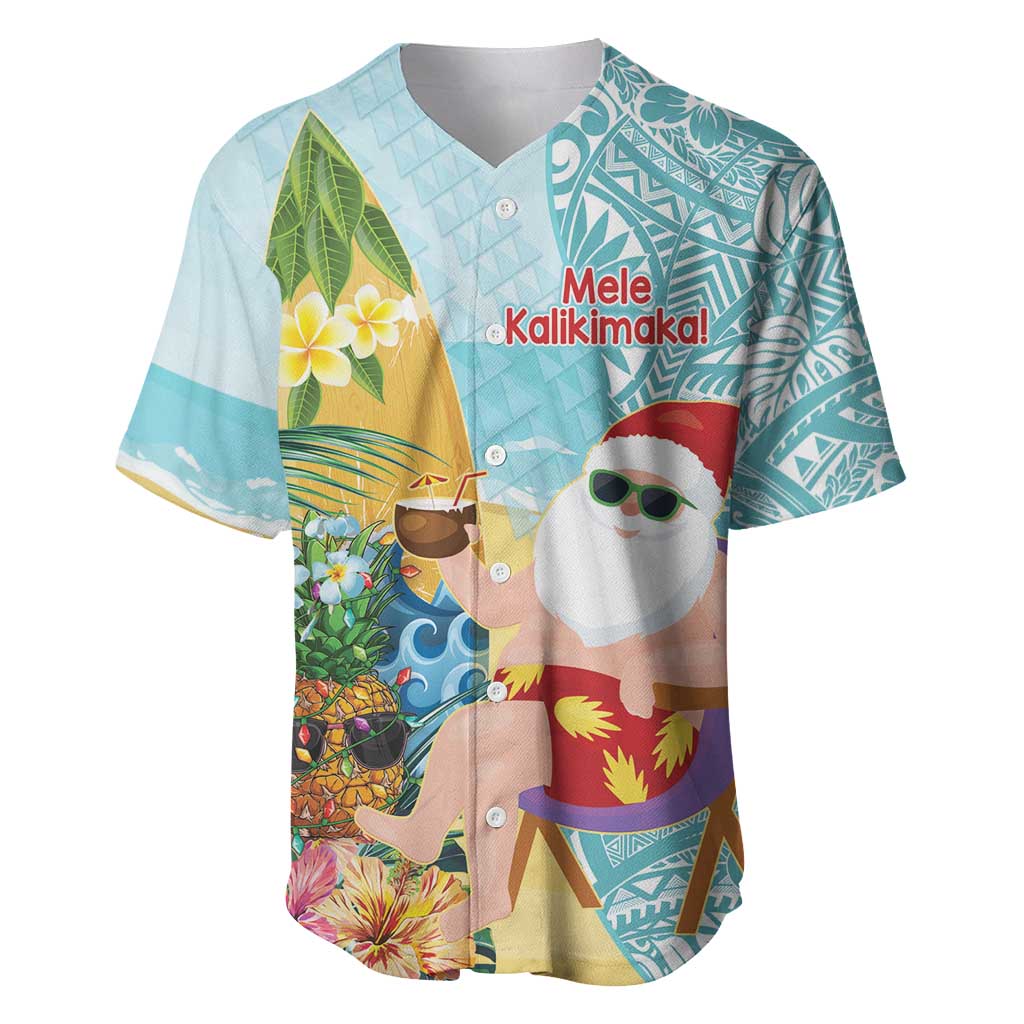 Aloha Hawaii Mele Kalikimaka Baseball Jersey Chilling Santa With Pineapple - Polynesian Pattern LT14 Cyan - Polynesian Pride