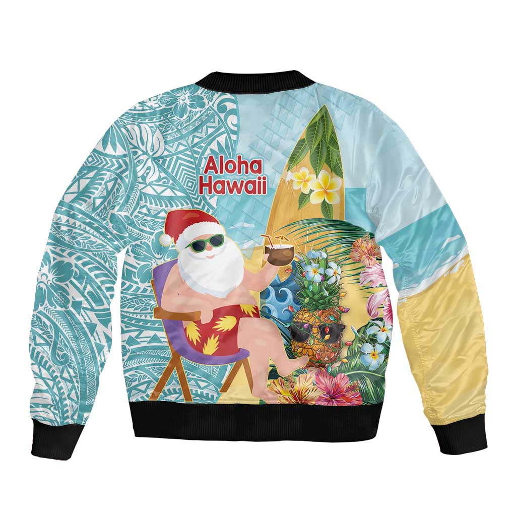 Aloha Hawaii Mele Kalikimaka Bomber Jacket Chilling Santa With Pineapple - Polynesian Pattern