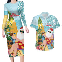 Aloha Hawaii Mele Kalikimaka Couples Matching Long Sleeve Bodycon Dress and Hawaiian Shirt Chilling Santa With Pineapple - Polynesian Pattern LT14 Cyan - Polynesian Pride