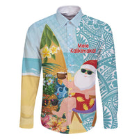 Aloha Hawaii Mele Kalikimaka Family Matching Long Sleeve Bodycon Dress and Hawaiian Shirt Chilling Santa With Pineapple - Polynesian Pattern LT14 Dad's Shirt - Long Sleeve Cyan - Polynesian Pride