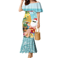 Aloha Hawaii Mele Kalikimaka Family Matching Mermaid Dress and Hawaiian Shirt Chilling Santa With Pineapple - Polynesian Pattern LT14 Mom's Dress Cyan - Polynesian Pride
