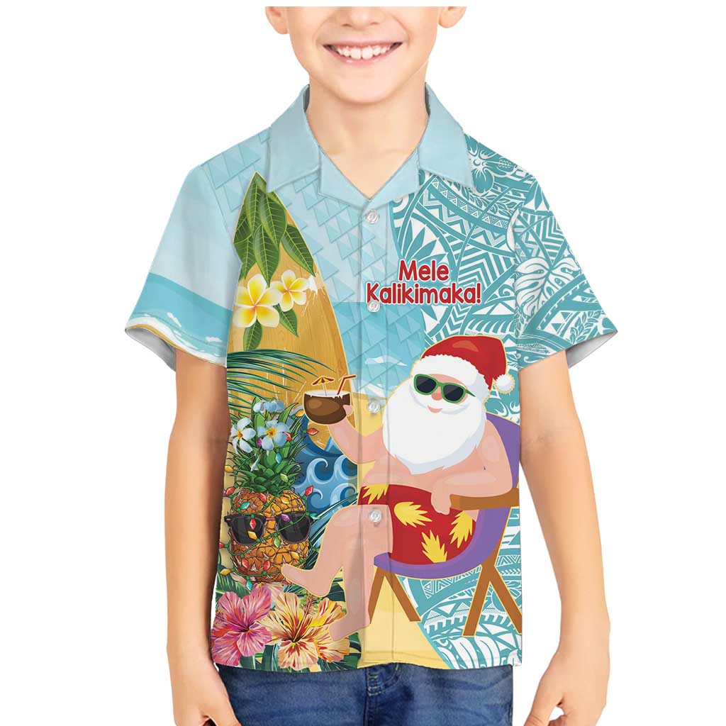 Aloha Hawaii Mele Kalikimaka Family Matching Mermaid Dress and Hawaiian Shirt Chilling Santa With Pineapple - Polynesian Pattern LT14 Son's Shirt Cyan - Polynesian Pride
