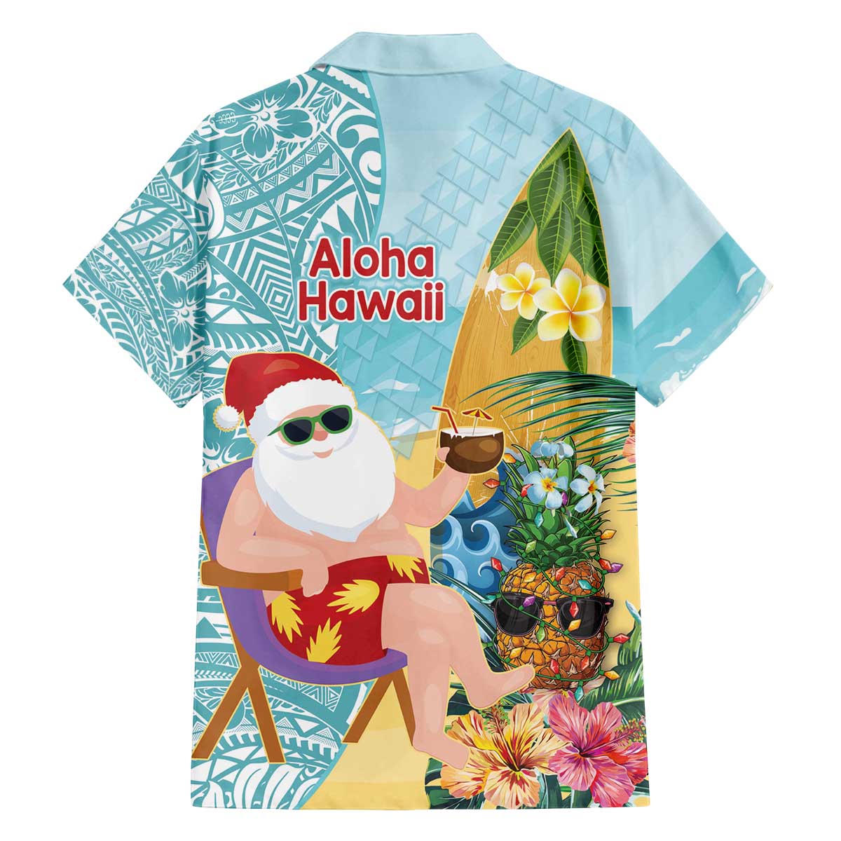 Aloha Hawaii Mele Kalikimaka Family Matching Off The Shoulder Long Sleeve Dress and Hawaiian Shirt Chilling Santa With Pineapple - Polynesian Pattern LT14 - Polynesian Pride