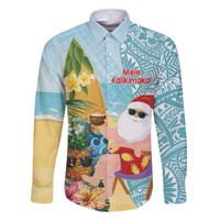 Aloha Hawaii Mele Kalikimaka Family Matching Off The Shoulder Long Sleeve Dress and Hawaiian Shirt Chilling Santa With Pineapple - Polynesian Pattern LT14 Dad's Shirt - Long Sleeve Cyan - Polynesian Pride