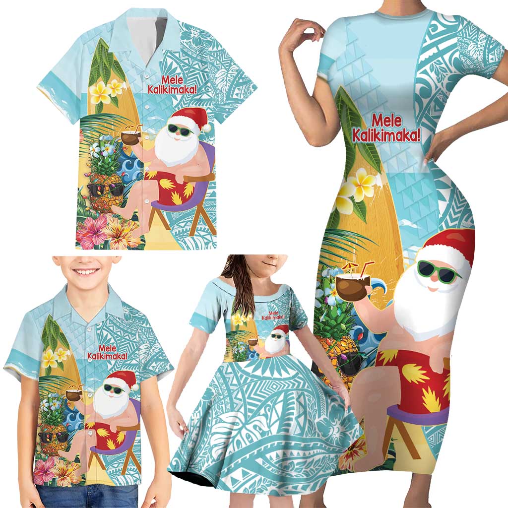 Aloha Hawaii Mele Kalikimaka Family Matching Short Sleeve Bodycon Dress and Hawaiian Shirt Chilling Santa With Pineapple - Polynesian Pattern LT14 - Polynesian Pride