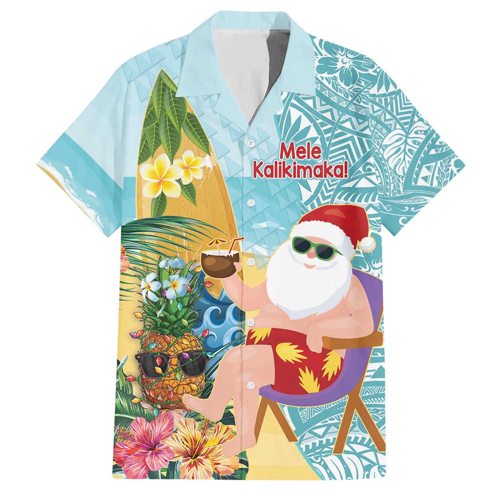 Aloha Hawaii Mele Kalikimaka Family Matching Short Sleeve Bodycon Dress and Hawaiian Shirt Chilling Santa With Pineapple - Polynesian Pattern LT14 Dad's Shirt - Short Sleeve Cyan - Polynesian Pride