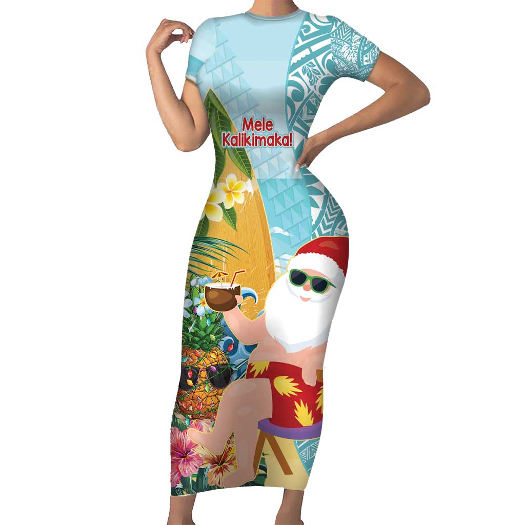 Aloha Hawaii Mele Kalikimaka Family Matching Short Sleeve Bodycon Dress and Hawaiian Shirt Chilling Santa With Pineapple - Polynesian Pattern LT14 Mom's Dress Cyan - Polynesian Pride