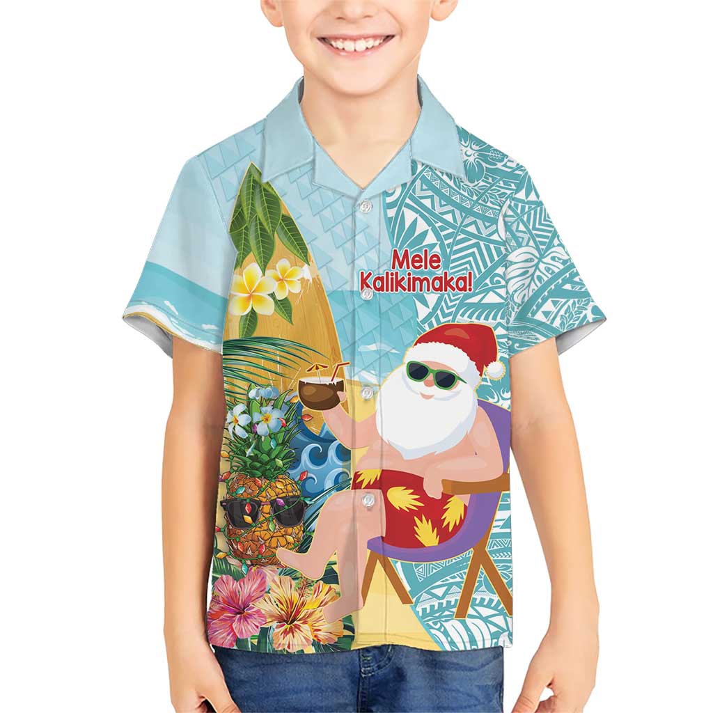 Aloha Hawaii Mele Kalikimaka Family Matching Short Sleeve Bodycon Dress and Hawaiian Shirt Chilling Santa With Pineapple - Polynesian Pattern LT14 Son's Shirt Cyan - Polynesian Pride