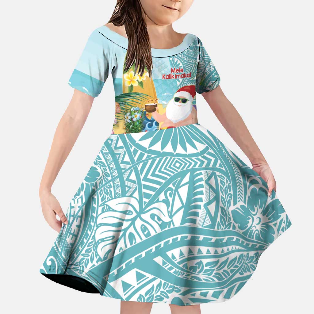 Aloha Hawaii Mele Kalikimaka Family Matching Tank Maxi Dress and Hawaiian Shirt Chilling Santa With Pineapple - Polynesian Pattern LT14 Daughter's Dress Cyan - Polynesian Pride
