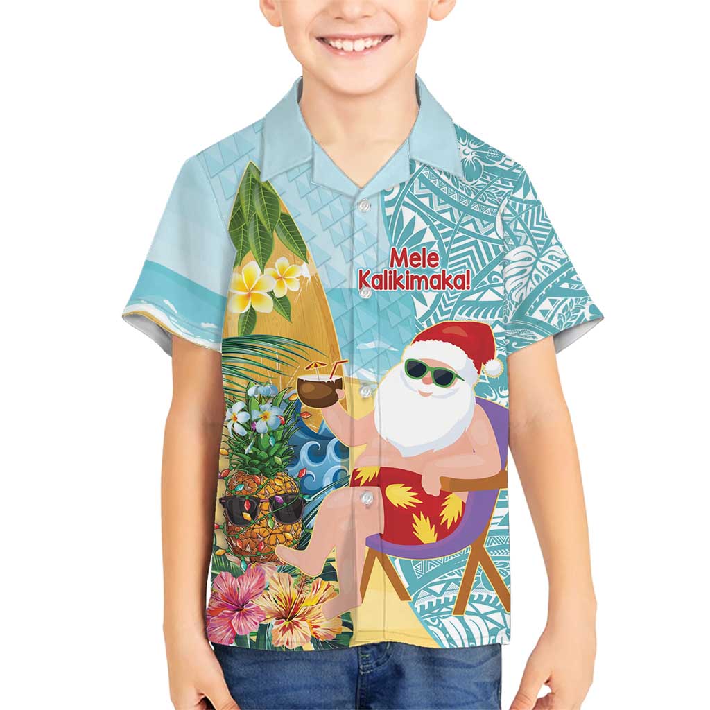 Aloha Hawaii Mele Kalikimaka Family Matching Tank Maxi Dress and Hawaiian Shirt Chilling Santa With Pineapple - Polynesian Pattern LT14 Son's Shirt Cyan - Polynesian Pride