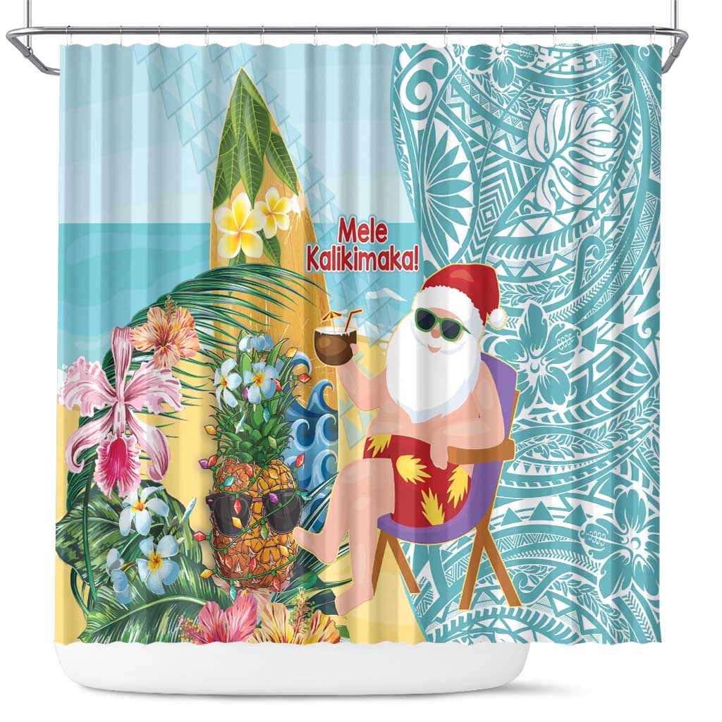 Aloha Hawaii Mele Kalikimaka Shower Curtain Chilling Santa With Pineapple - Polynesian Pattern LT14 Cyan - Polynesian Pride