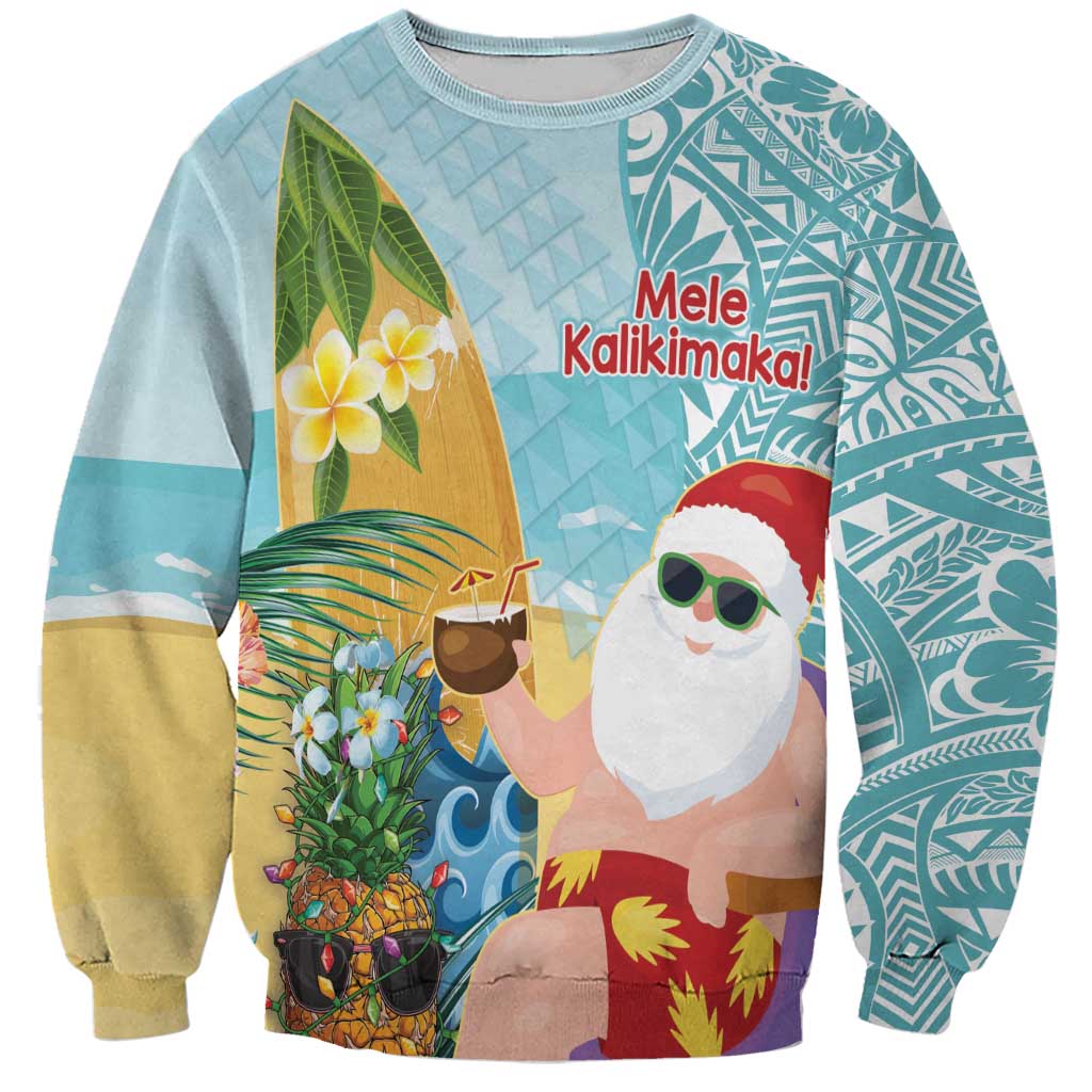 Aloha Hawaii Mele Kalikimaka Sweatshirt Chilling Santa With Pineapple - Polynesian Pattern LT14 Unisex Cyan - Polynesian Pride