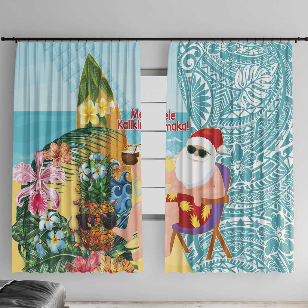 Aloha Hawaii Mele Kalikimaka Window Curtain Chilling Santa With Pineapple - Polynesian Pattern