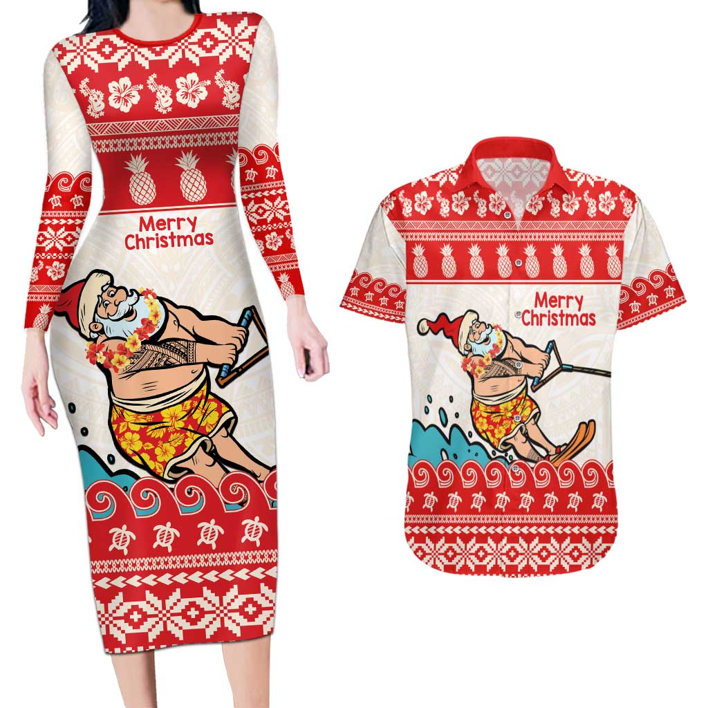 Mele Kalikimaka Hawaii Couples Matching Long Sleeve Bodycon Dress and Hawaiian Shirt Water-skiing Santa Tropical Vibes LT14 Red - Polynesian Pride